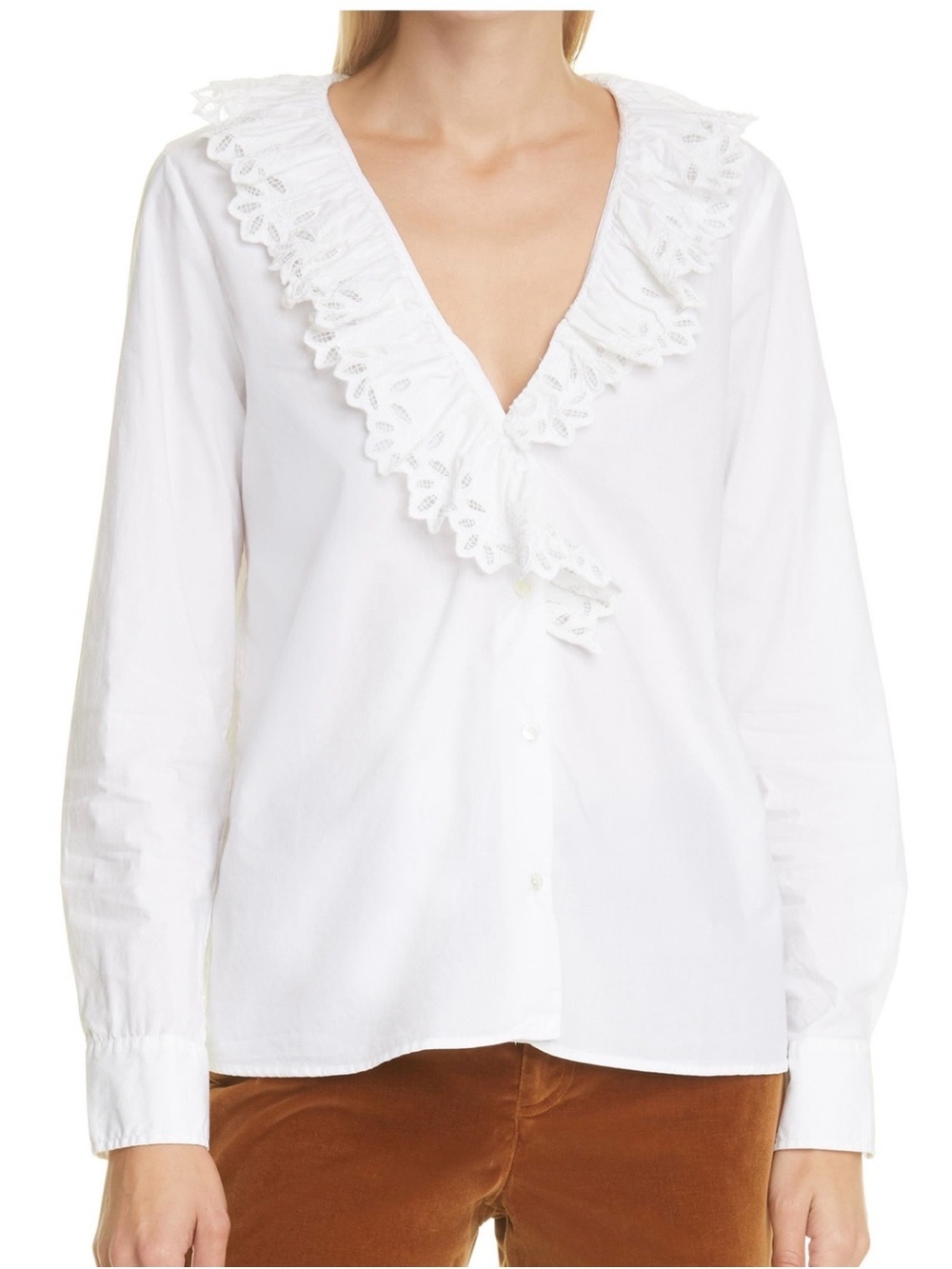 Nili Lotan White Ruffled V-Neck Button-Down Blouse